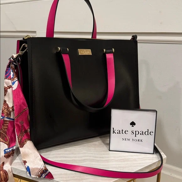 Kate Spade Bag Black Pink Leather Colorblock Tote Satchel - Picture 1 of 17